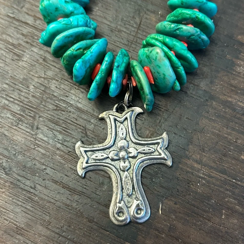 Turquoise and Silver Cross Necklace - Picture 3 of 6